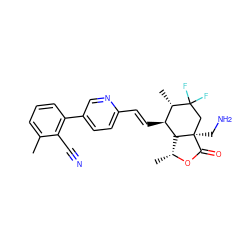 Cc1cccc(-c2ccc(/C=C/[C@H]3[C@H](C)C(F)(F)C[C@@]4(CN)C(=O)O[C@H](C)[C@H]34)nc2)c1C#N ZINC001772602220