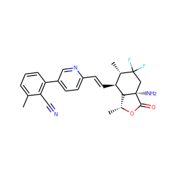 Cc1cccc(-c2ccc(/C=C/[C@H]3[C@H](C)C(F)(F)C[C@@]4(N)C(=O)O[C@H](C)[C@H]34)nc2)c1C#N ZINC001772600821