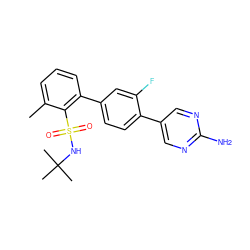 Cc1cccc(-c2ccc(-c3cnc(N)nc3)c(F)c2)c1S(=O)(=O)NC(C)(C)C ZINC000224758720