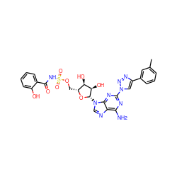 Cc1cccc(-c2cn(-c3nc(N)c4ncn([C@@H]5O[C@H](COS(=O)(=O)NC(=O)c6ccccc6O)[C@@H](O)[C@H]5O)c4n3)nn2)c1 ZINC000058538135