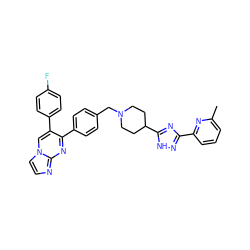 Cc1cccc(-c2n[nH]c(C3CCN(Cc4ccc(-c5nc6nccn6cc5-c5ccc(F)cc5)cc4)CC3)n2)n1 ZINC000216212740