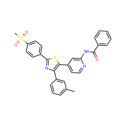 Cc1cccc(-c2nc(-c3ccc(S(C)(=O)=O)cc3)sc2-c2ccnc(NC(=O)c3ccccc3)c2)c1 ZINC000028527161