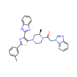 Cc1cccc(-c2nc(-c3nc4ccccc4[nH]3)c(N3CCN(C(=O)Cn4cnc5cccnc54)[C@H](C)C3)s2)c1 ZINC000143565901