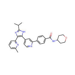 Cc1cccc(-c2nc(C(C)C)[nH]c2-c2ccnc(-c3ccc(C(=O)NC4CCOCC4)cc3)c2)n1 ZINC000003819891