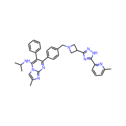 Cc1cccc(-c2nc(C3CN(Cc4ccc(-c5nc6nc(C)cn6c(NC(C)C)c5-c5ccccc5)cc4)C3)n[nH]2)n1 ZINC000167303244