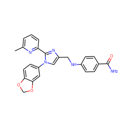 Cc1cccc(-c2nc(CNc3ccc(C(N)=O)cc3)cn2-c2ccc3c(c2)OCO3)n1 ZINC000096285310