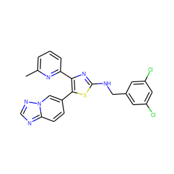 Cc1cccc(-c2nc(NCc3cc(Cl)cc(Cl)c3)sc2-c2ccc3ncnn3c2)n1 ZINC000084672298