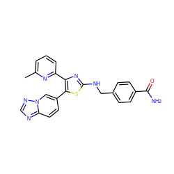 Cc1cccc(-c2nc(NCc3ccc(C(N)=O)cc3)sc2-c2ccc3ncnn3c2)n1 ZINC000084738672