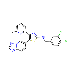 Cc1cccc(-c2nc(NCc3ccc(Cl)c(Cl)c3)sc2-c2ccc3ncnn3c2)n1 ZINC000084741012