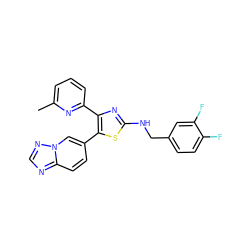 Cc1cccc(-c2nc(NCc3ccc(F)c(F)c3)sc2-c2ccc3ncnn3c2)n1 ZINC000084742265