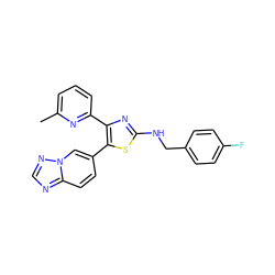 Cc1cccc(-c2nc(NCc3ccc(F)cc3)sc2-c2ccc3ncnn3c2)n1 ZINC000084739564