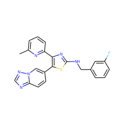 Cc1cccc(-c2nc(NCc3cccc(F)c3)sc2-c2ccc3ncnn3c2)n1 ZINC000084730857