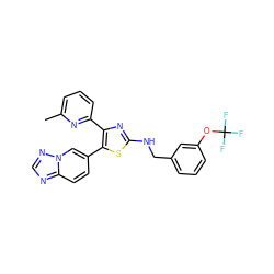 Cc1cccc(-c2nc(NCc3cccc(OC(F)(F)F)c3)sc2-c2ccc3ncnn3c2)n1 ZINC000084730221