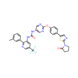 Cc1cccc(-c2ncc(C(F)(F)F)cc2NC(=O)Nc2cnc(Oc3ccc(-c4cnc(N5CCCC5=O)s4)cc3)nc2)c1 ZINC001772629319