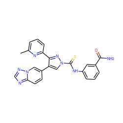 Cc1cccc(-c2nn(C(=S)Nc3cccc(C(N)=O)c3)cc2-c2ccc3ncnn3c2)n1 ZINC000072127968