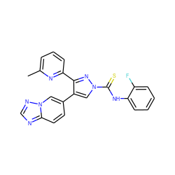 Cc1cccc(-c2nn(C(=S)Nc3ccccc3F)cc2-c2ccc3ncnn3c2)n1 ZINC000072127873