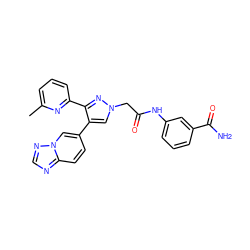 Cc1cccc(-c2nn(CC(=O)Nc3cccc(C(N)=O)c3)cc2-c2ccc3ncnn3c2)n1 ZINC000169335942