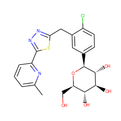 Cc1cccc(-c2nnc(Cc3cc([C@@H]4O[C@H](CO)[C@@H](O)[C@H](O)[C@H]4O)ccc3Cl)s2)n1 ZINC000045338725