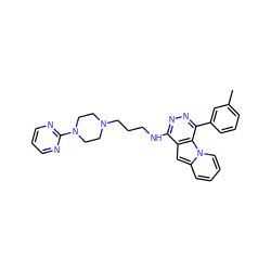 Cc1cccc(-c2nnc(NCCCN3CCN(c4ncccn4)CC3)c3cc4ccccn4c23)c1 ZINC000049069943