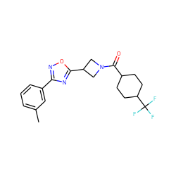 Cc1cccc(-c2noc(C3CN(C(=O)C4CCC(C(F)(F)F)CC4)C3)n2)c1 ZINC000095574219