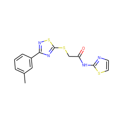 Cc1cccc(-c2nsc(SCC(=O)Nc3nccs3)n2)c1 ZINC000002917579