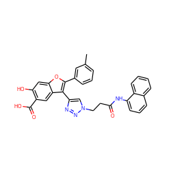 Cc1cccc(-c2oc3cc(O)c(C(=O)O)cc3c2-c2cn(CCC(=O)Nc3cccc4ccccc34)nn2)c1 ZINC000066099409