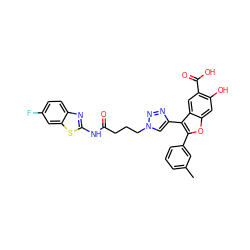 Cc1cccc(-c2oc3cc(O)c(C(=O)O)cc3c2-c2cn(CCCC(=O)Nc3nc4ccc(F)cc4s3)nn2)c1 ZINC000066112231