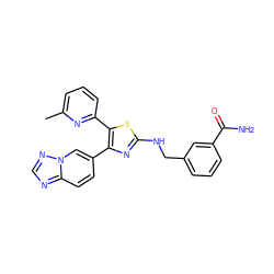 Cc1cccc(-c2sc(NCc3cccc(C(N)=O)c3)nc2-c2ccc3ncnn3c2)n1 ZINC000084739775