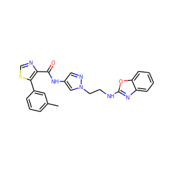 Cc1cccc(-c2scnc2C(=O)Nc2cnn(CCNc3nc4ccccc4o3)c2)c1 ZINC001772624250