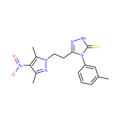 Cc1cccc(-n2c(CCn3nc(C)c([N+](=O)[O-])c3C)n[nH]c2=S)c1 ZINC000005427265