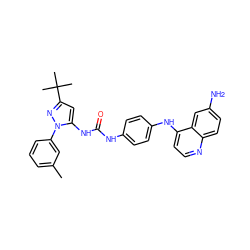 Cc1cccc(-n2nc(C(C)(C)C)cc2NC(=O)Nc2ccc(Nc3ccnc4ccc(N)cc34)cc2)c1 ZINC000045260236