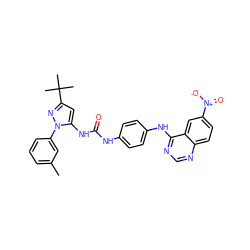 Cc1cccc(-n2nc(C(C)(C)C)cc2NC(=O)Nc2ccc(Nc3ncnc4ccc([N+](=O)[O-])cc34)cc2)c1 ZINC000042892109