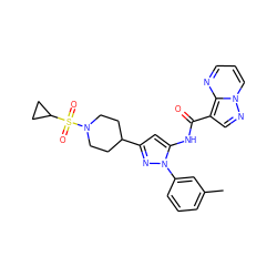 Cc1cccc(-n2nc(C3CCN(S(=O)(=O)C4CC4)CC3)cc2NC(=O)c2cnn3cccnc23)c1 ZINC000203727347