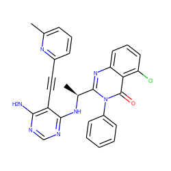 Cc1cccc(C#Cc2c(N)ncnc2N[C@@H](C)c2nc3cccc(Cl)c3c(=O)n2-c2ccccc2)n1 ZINC000219097466