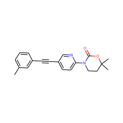 Cc1cccc(C#Cc2ccc(N3CCC(C)(C)OC3=O)nc2)c1 ZINC000144006787