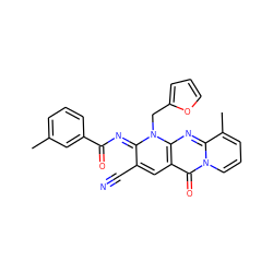 Cc1cccc(C(=O)/N=c2\c(C#N)cc3c(=O)n4cccc(C)c4nc3n2Cc2ccco2)c1 ZINC000035064723