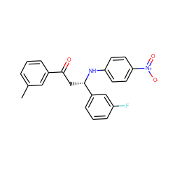 Cc1cccc(C(=O)C[C@H](Nc2ccc([N+](=O)[O-])cc2)c2cccc(F)c2)c1 ZINC000049802620