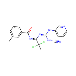 Cc1cccc(C(=O)N[C@@H](/N=C(\NC#N)Nc2cccnc2)C(C)(Cl)Cl)c1 ZINC000013588848