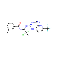 Cc1cccc(C(=O)N[C@@H](N/C(=N/C#N)Nc2ccc(C(F)(F)F)nc2)C(C)(Cl)Cl)c1 ZINC000028866487