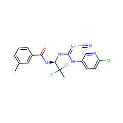 Cc1cccc(C(=O)N[C@@H](N/C(=N/C#N)Nc2ccc(Cl)nc2)C(C)(Cl)Cl)c1 ZINC000028866429