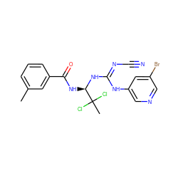 Cc1cccc(C(=O)N[C@@H](N/C(=N/C#N)Nc2cncc(Br)c2)C(C)(Cl)Cl)c1 ZINC000028866558