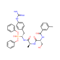 Cc1cccc(C(=O)N[C@H](CO)C(=O)N[C@@H](C)C(=O)N[C@@H](Cc2ccc(NC(=N)N)cc2)P(=O)(Oc2ccccc2)Oc2ccccc2)c1 ZINC000034717944