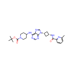 Cc1cccc(C(=O)N[C@H]2C[C@@H](n3cnc4c(NC5CCN(C(=O)OC(C)(C)C)CC5)ncnc43)C2)n1 ZINC001772609668