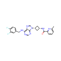 Cc1cccc(C(=O)N[C@H]2C[C@@H](n3cnc4c(NCc5ccc(F)c(F)c5)ncnc43)C2)n1 ZINC001772602602