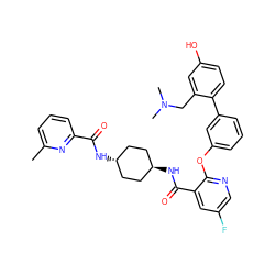 Cc1cccc(C(=O)N[C@H]2CC[C@H](NC(=O)c3cc(F)cnc3Oc3cccc(-c4ccc(O)cc4CN(C)C)c3)CC2)n1 ZINC000167571290