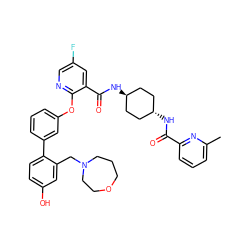 Cc1cccc(C(=O)N[C@H]2CC[C@H](NC(=O)c3cc(F)cnc3Oc3cccc(-c4ccc(O)cc4CN4CCCOCC4)c3)CC2)n1 ZINC000168616708