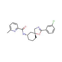 Cc1cccc(C(=O)N[C@H]2CCC[C@]3(CN=C(c4cccc(Cl)c4)O3)C2)n1 ZINC000095588814