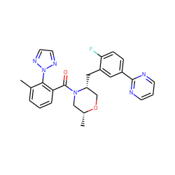 Cc1cccc(C(=O)N2C[C@@H](C)OC[C@H]2Cc2cc(-c3ncccn3)ccc2F)c1-n1nccn1 ZINC001772585299