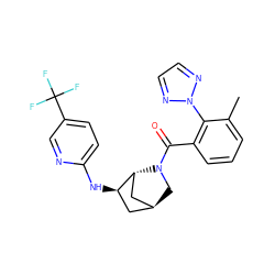 Cc1cccc(C(=O)N2C[C@H]3C[C@@H](Nc4ccc(C(F)(F)F)cn4)[C@H]2C3)c1-n1nccn1 ZINC000261171764