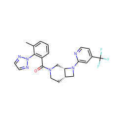 Cc1cccc(C(=O)N2CC[C@H]3CN(c4cc(C(F)(F)F)ccn4)[C@H]3C2)c1-n1nccn1 ZINC000116826837